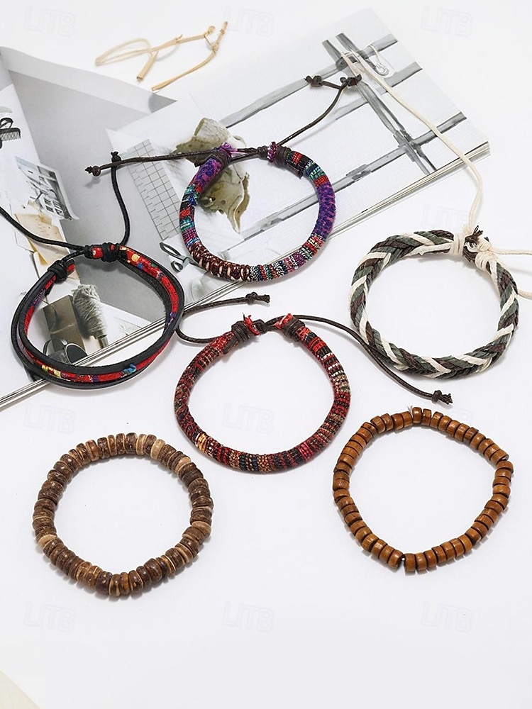 Pánská sada vícevrstvých pletených korálkových náramků v boho stylu, různé materiálové provedení - dřevo, kůže a provaz, kmenový styl, plážové a běžné nošení 2025 - $9.99 –P5