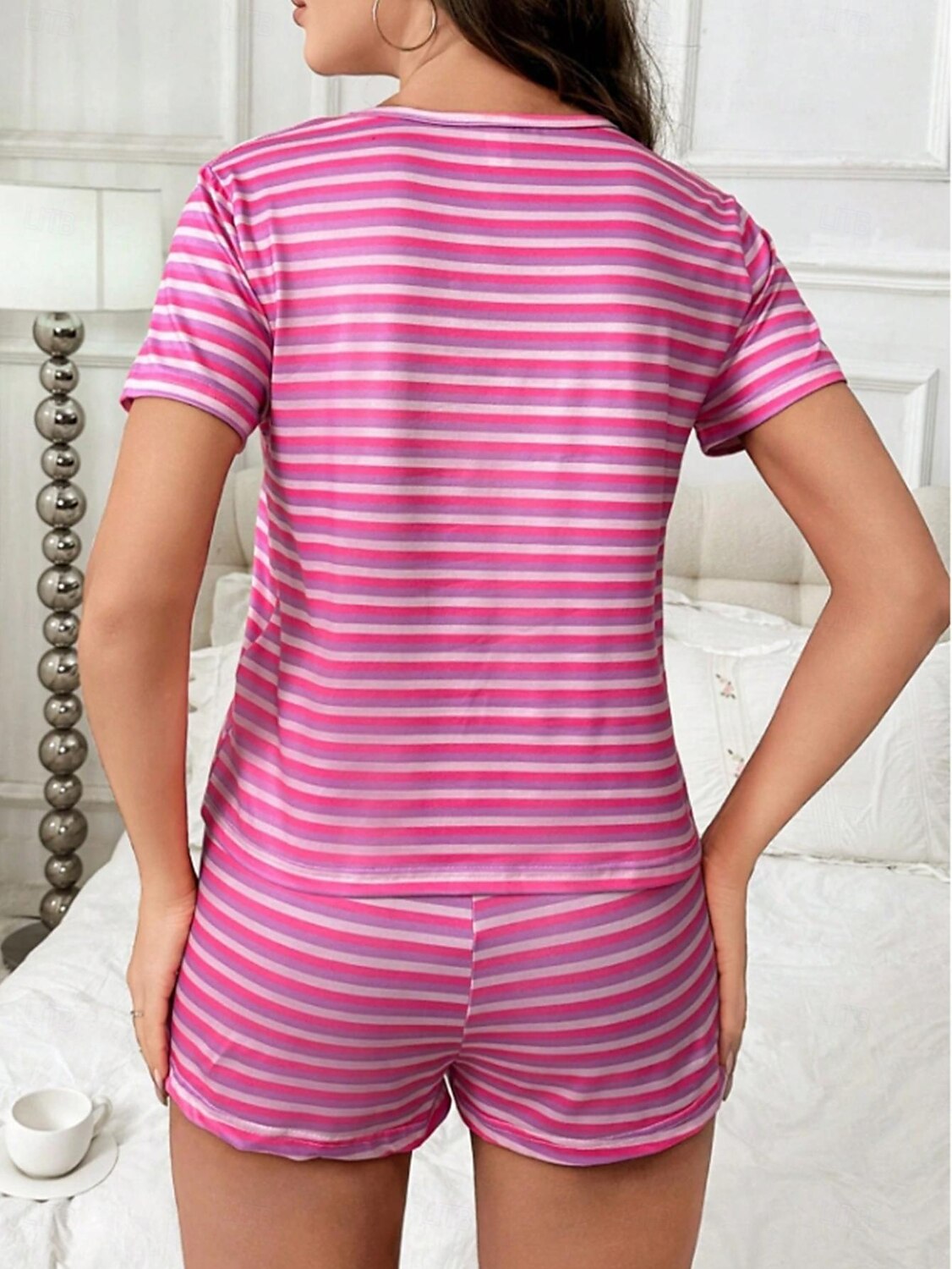 Women's Pajamas Loungewear Pajama Set Pajama Shorts Simple Casual Comfort Stripe Seamless Pullover Shorts Home Daily Short Sleeve Crew Neck Pink Summer Loose Fit 2025 - $19.99 –P4