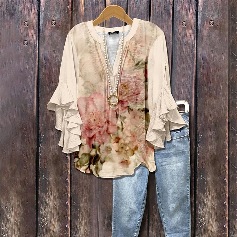 Per donna Maglietta Floreale Grafico Moda Moderno Mezza Manica Scollo a V Top Regolari Quotidiano Uscire Volant Stampato Rosa Blu Blu turchese Estate Primavera del 2025 a $23.99 –P1