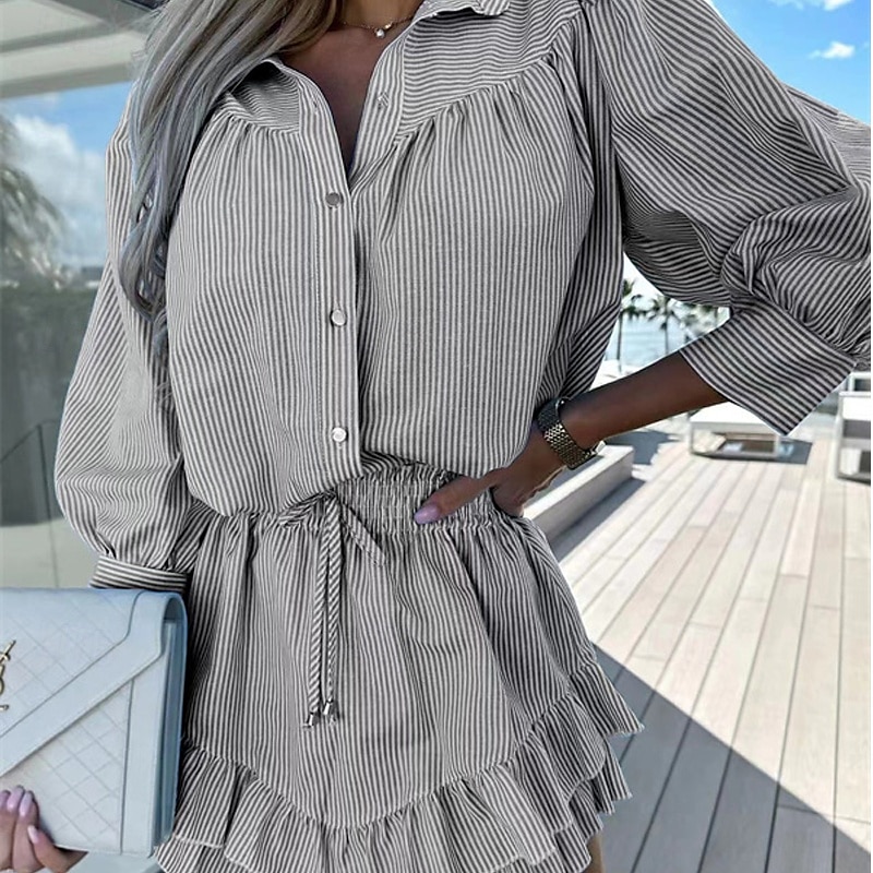 Mulheres Moda Roupa de rua Camisas de algodão e linho Conjuntos de linho de algodão Conjuntos de shorts Manga Longa Colarinho de Camisa Listrado Imprimir Roupa Diária Encontro Rosa Azul Cinzento Verão de 2025 por $27.99 –P6
