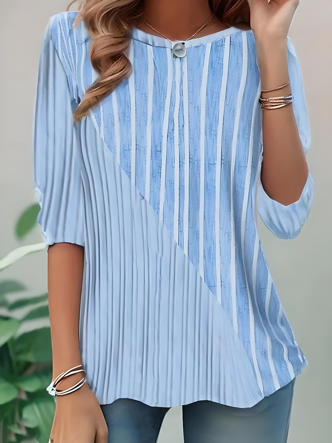 Dame T skjorte Grafisk Geometrisk Stripet Elegant Årgang Mote Langermet Crew-hals Rund hals Vanlige topper Daglig Ut på byen Helg Trykt mønster Rosa Blå Sommer Vår 2025 - $22.99 –P2