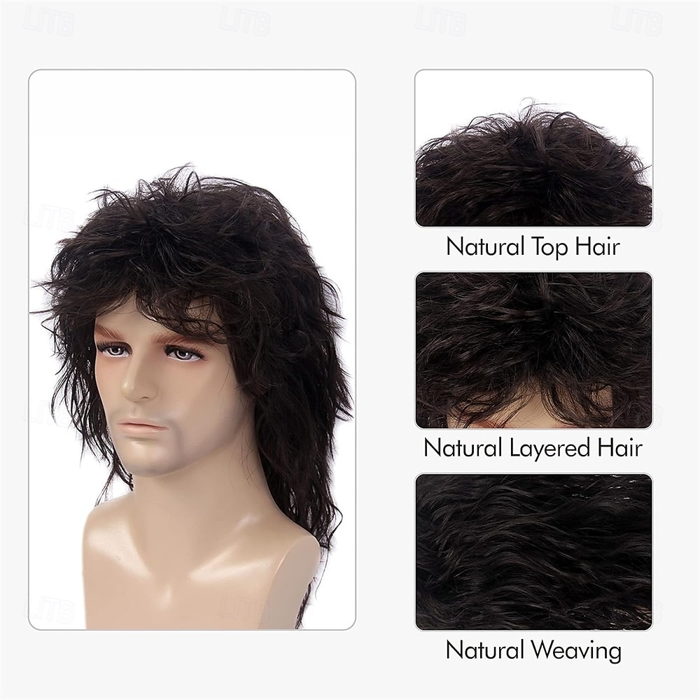 Mullet 70s 80s Pruik met Frenulum Donkerbruin Lang Disco Haar Krullende Pruiken voor Mannen voor Mannen Vrouwelijke Hippie Rockende 80s Them Party Cosplay Kostuum Anime Hittebestendig Synthetisch 2025 - $25.99 –P6