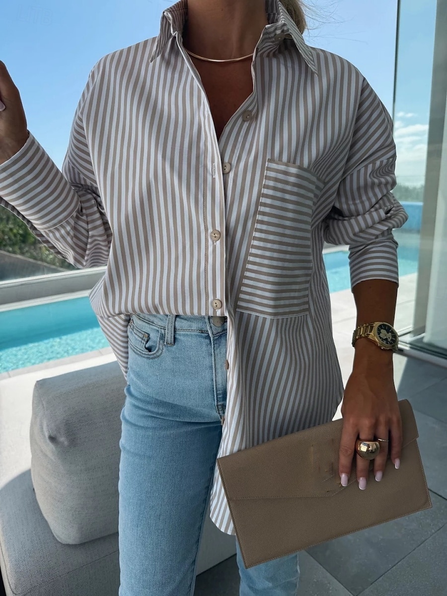 Dames Overhemd Bloemig Stijlvol Casual Lange mouw Overhemdkraag Normale tops Dagelijks Knop Zak Afdrukken Blozend Roze blauw Khaki Zomer Lente 2025 - $28.99 –P8