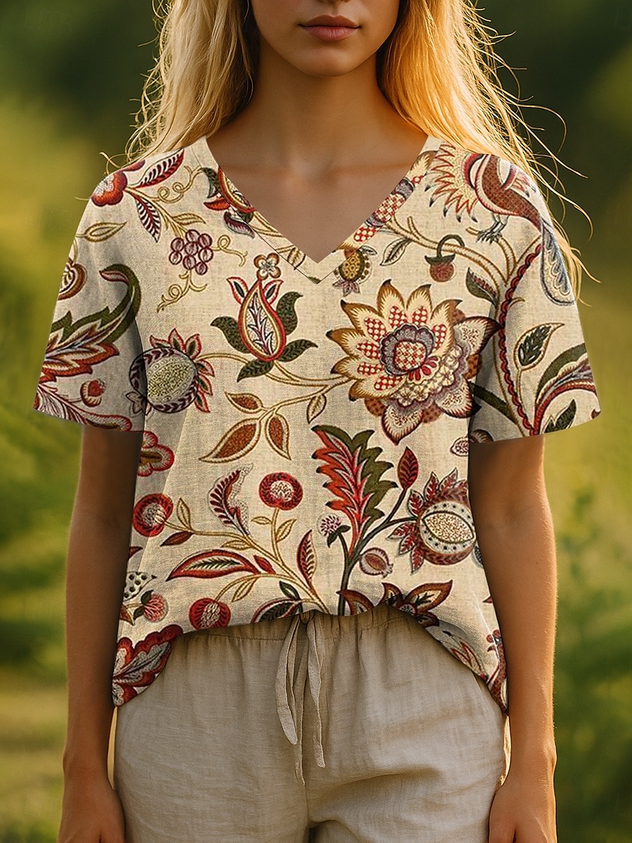 Femmes T-shirt Fleuri Graphique Plantes Bohème Élégant Occasionnel Manche Courte Col en V Hauts Réguliers Quotidien Imprimé Jaune Bleu Violet Vert Été Printemps de 2025 ? $19.99 –P1