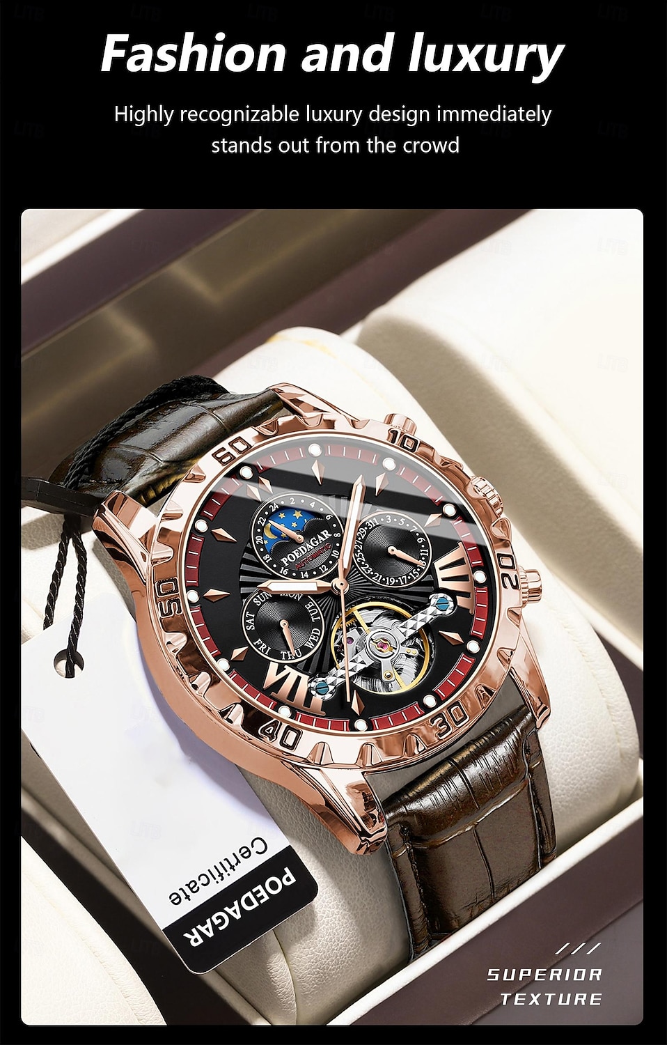 1410 Мужские Автоматические Механические Часы – Многофункциональный Турбийон с Настоящим Кожаным Ремешком Светящийся Циферблат 30M Водонепроницаемость Сапфировое Стекло Классический Бизнес 2025 - $48.99 –P4