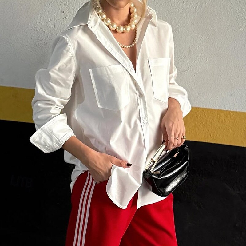 Damen Hemd Bluse Einfach Modern Lässig Langarm Hemdkragen Normale Oberteile Täglich Ferien Ausgehen Knöpfe Tasche Weiß Sommer 2025 - $26.99 –P2