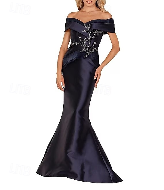 Meerjungfrau  Trompete Abendkleid Elegantes Kleid Formelle Hochzeit Bodenlang Ärmellos Offene Schulter Satin mit Perlen 2025 - $158.99 –P12