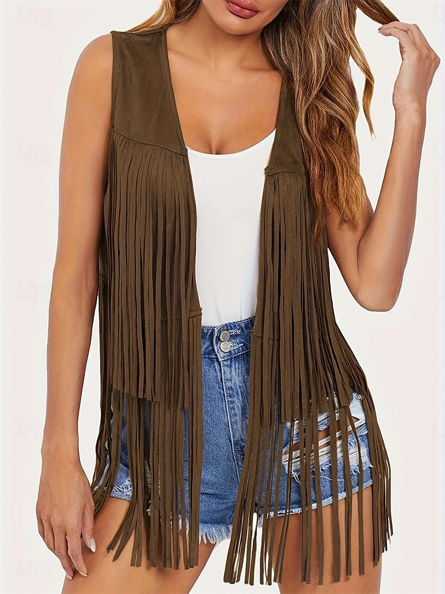 Mujer Chaqueta casual Chaleco Transpirable Cómodo Borlas Casual Plano Vacaciones Calle Casual Ropa Cotidiana Frente Abierto Regular Escote en Pico Ajuste regular Sin Mangas Ropa de calle Negro Rosa 2025 - $34.99 –P30