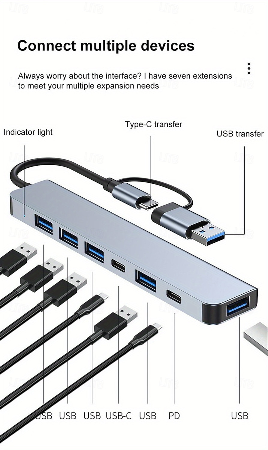 7-in-1 Multiport Adapter USB C + USB 3.0 Hub Splitter with Type-C PD, 5 USB Ports, OTG Compatible, for MacBook, PC, Tablet, PS4 2025 - $22.99 –P2