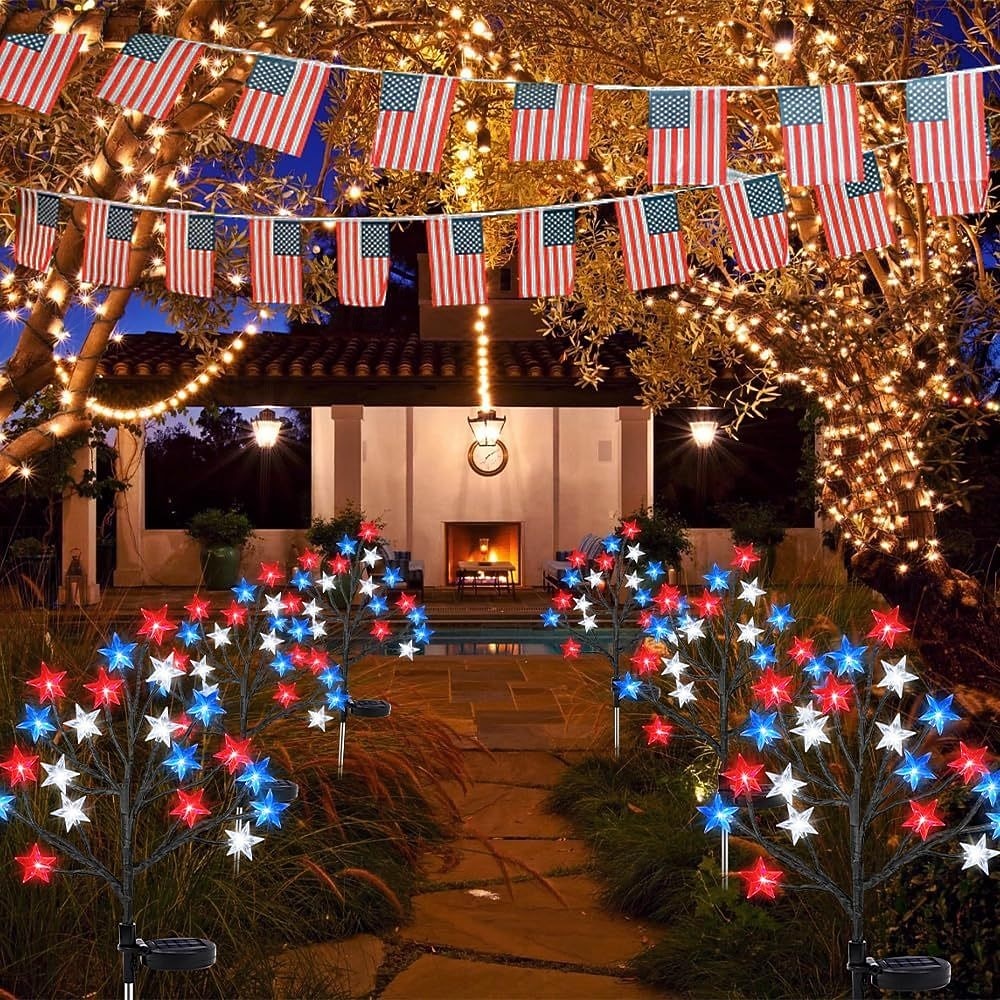 1 шт. патриотичных уличных водонепроницаемых солнечных ламп для Дня независимости 4 июля 250-й юбилей День памяти красный белый синий пентаграмма наземный свет декор для сада 2026 - $16.49 –P12