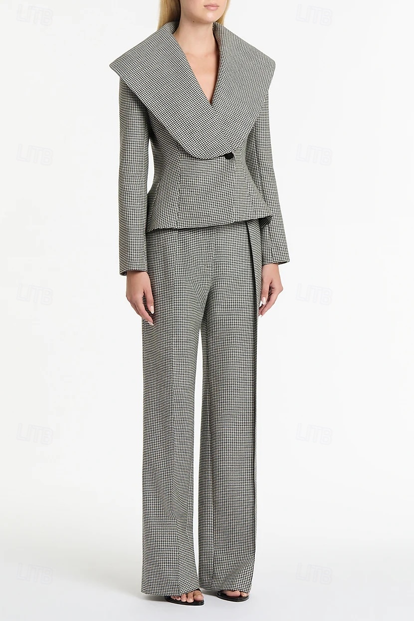 Houndstooth Plaid Pantsuit Two Piece Mother of the Bride Pantsuit Elegant Vintage Simple V Neck Floor Length Long Sleeve with Pleats 2025 - $199.99 –P3