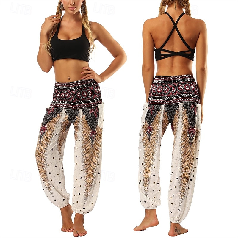 Retro Antiguo Boho Años 70 Pantalones Harem Pantalones de yoga Hippie Cintura elástica Pavo real Plumas Mujer Víspera de Todos los Santos Carnaval vacaciones en la playa Fiesta temática retro Festival 2025 - $27.99 –P10
