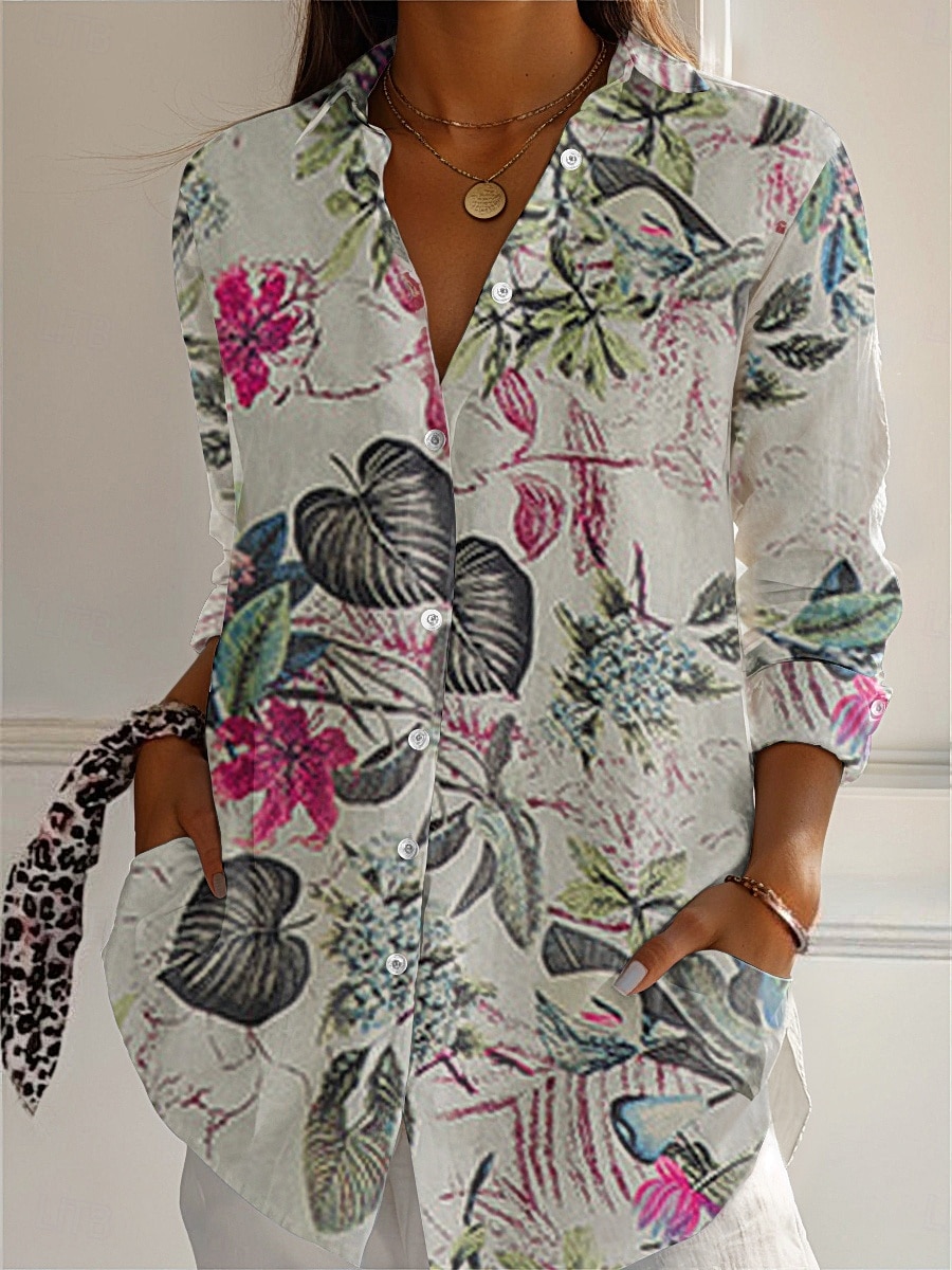 naisten boho-paita, puuvillainen pellavapaita, napitettava pusero, kukkakuvio, geometrinen kuviollinen, rento pitkähihainen paita, kuninkaansininen, violetti, khaki, toile, koti, juhla, elegantti, neutraali, päivittäinen paitakaulus, löysä istuvuus, S 2025 - $16.99 –P3