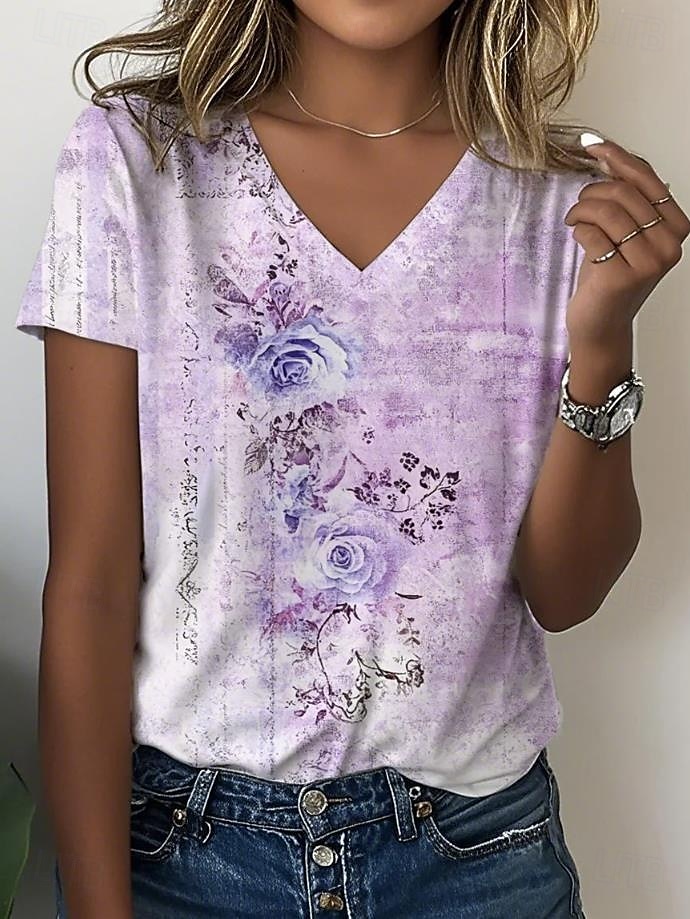 Femmes T-shirt Fleuri Graphique Paisley Bohème ancien Élégant Manche Courte Col en V Hauts Réguliers Quotidien Sortir Week-end Imprimé Vert cendré Violet Beige Été de 2025 ? $19.99 –P2