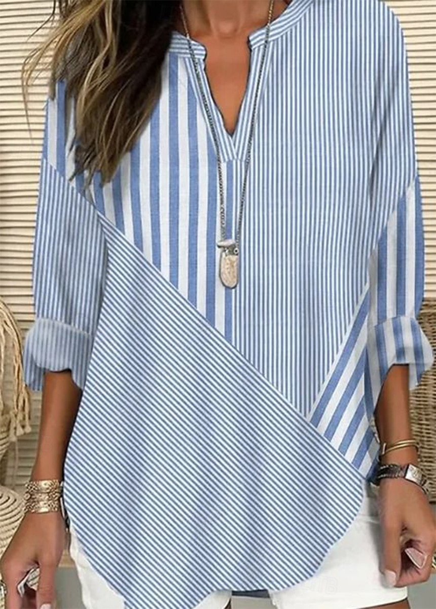 Women's Shirt Cotton Linen Shirt Blouse Graphic Striped Daily Hawaiian Business Long Sleeve V Neck Regular Tops Work Daily Holiday Buttons Print Black Blue Green Light Blue Summer Spring 2025 - $24.99 –P1