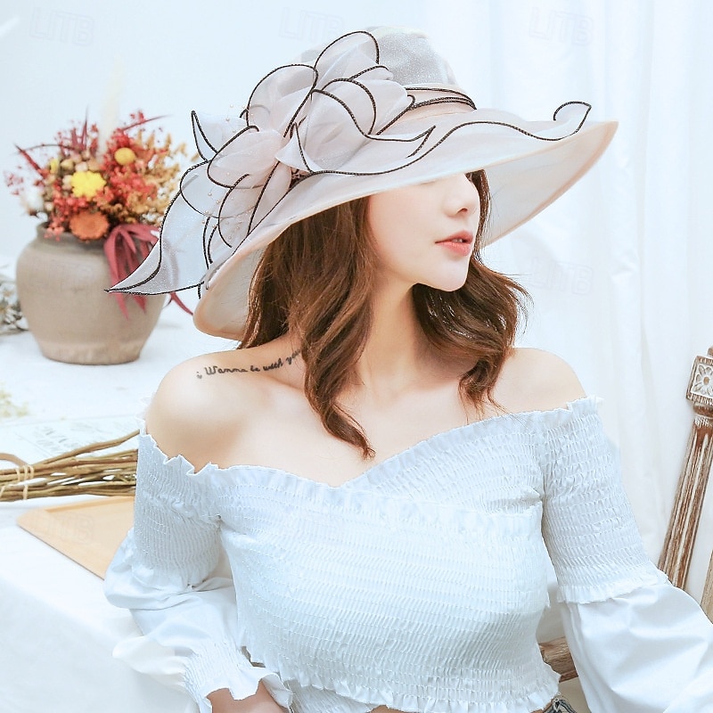 Hatter organza Bryllup Aftenselskap Te Fest Strand Hesteløp Elegant søt stil Solbeskyttelse Med Blomster Hodeplagg Hodeplagg 2025 - $16.99 –P8