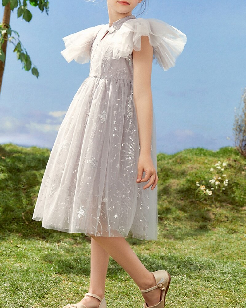 Kids Girls' Dress Flower Short Sleeve Outdoor Ruched Mesh Fashion Adorable Nylon Knee-length Casual Dress Tulle Dress Floral Dress Summer 4 years+ Purple 2025 - $58.99 –P2