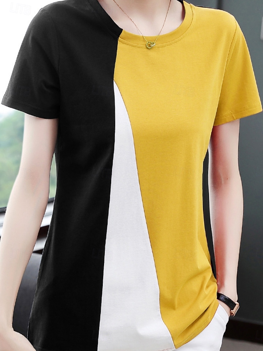 Dame Bluse Geometrisk Fargeblokk Stilfull Fritid Kortermet Crew-hals Vanlige topper Daglig Trykt mønster Svart Gul Blå Oransje Brun Sommer 2025 - $13.99 –P10