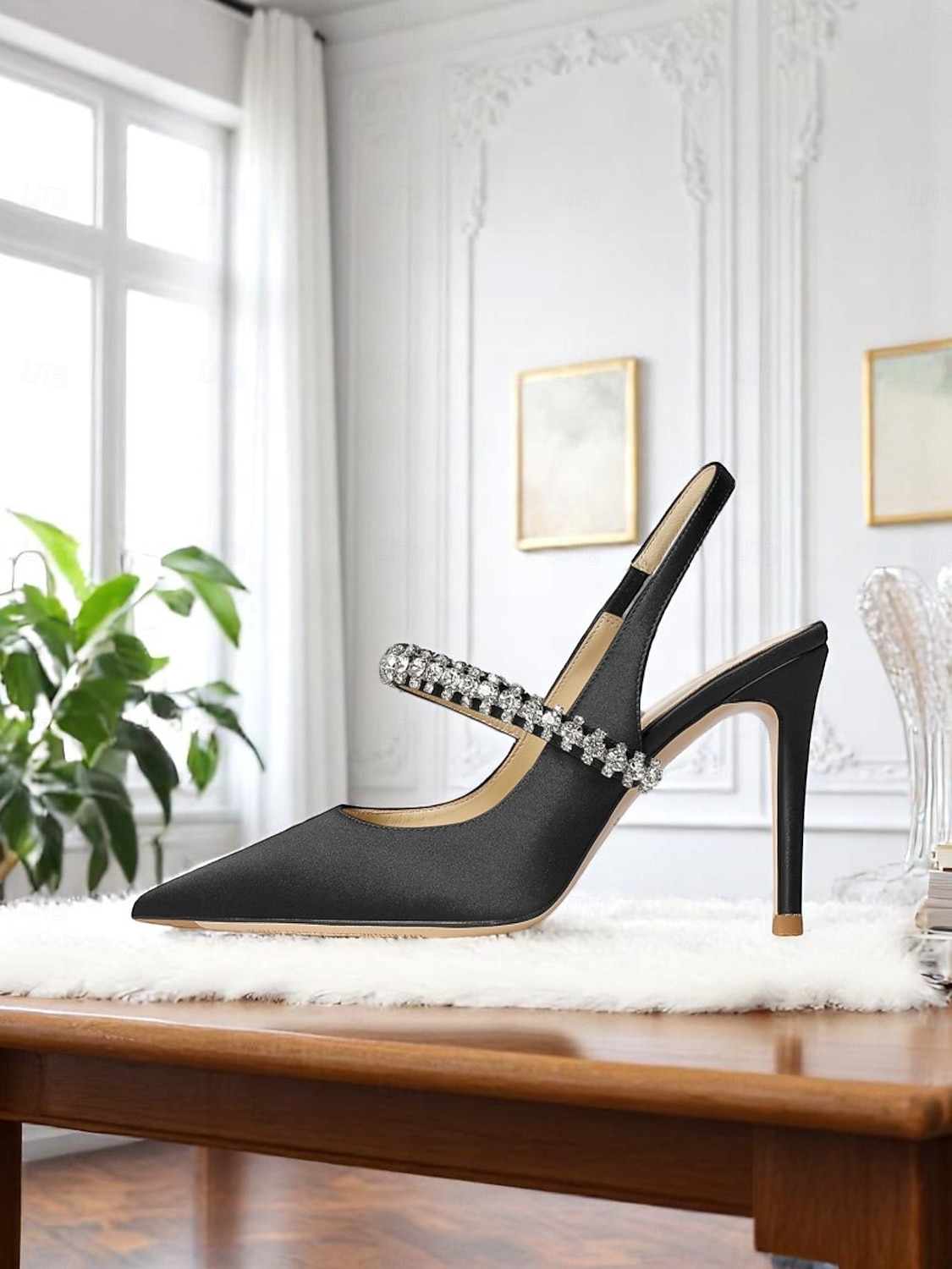 Sapatos de salto alto slingback de cetim champanhe com strass - elegantes saltos agulha de bico fino para coquetéis e ocasiões formais de 2025 por $54.99 –P4
