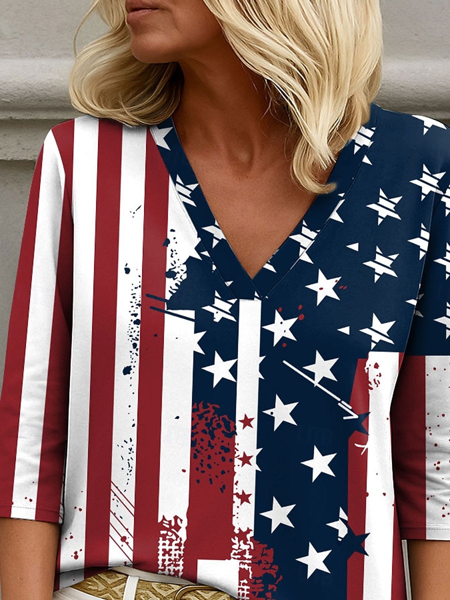 חולצת נשים פטריוטית עם גרפיקה של דגל אלגנטית אופנתית קז'ואלית עם שרוול באורך 3/4 וצווארון V רגיל בגוון כחול כהה קיץ 2026 - $27.99 –P3