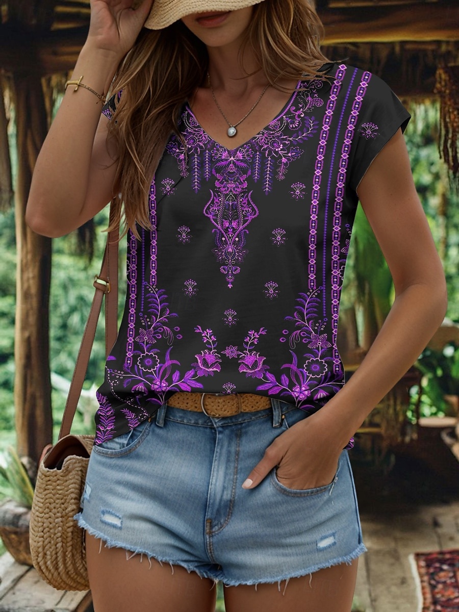 Débardeur camisole bohème pour femme, graphique, géométrique, vintage, élégant, classique, sans manches, manches courtes, col en V, régulier, imprimé quotidien, jaune, rouge, bleu, violet, vert, été, de 2025 ? $17.99 –P6