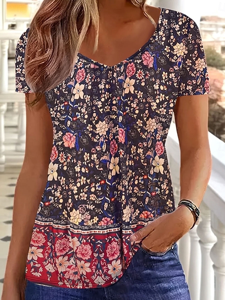 Pentru femei Tricou Floral Grafic Epocă Stilat Clasic Manșon scurt În V Topuri obișnuite Zilnic Imprimeu Roz Îmbujorat Vară Primăvară 2025 - $19.99 –P1