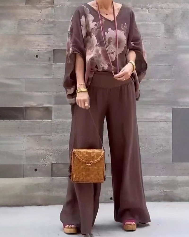 Per donna Attivo Camicie di cotone e lino Blusa Set di Pantaloni Mezza Manica Scollo a V Stampa Stampato Vacanza Ferie Blu marino Viola Marrone Estate Vestibilità regolare del 2025 a $26.99 –P5