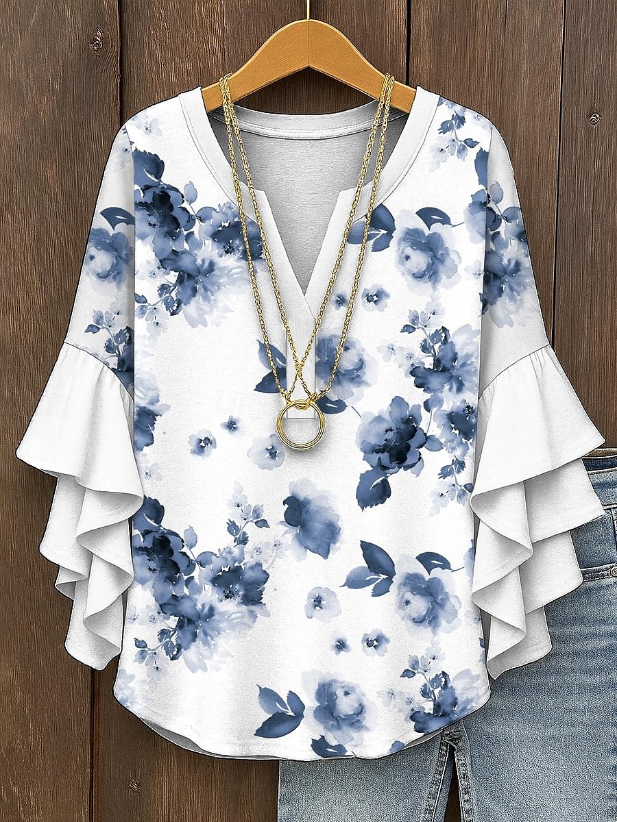 Blusa da Donna con Maniche a Ruffle a Strati Grafica Floreale Elegante Bohemia Vintage Maniche a 3/4 Collo a V Maglietta Regolare Abbigliamento Estivo Primaverile per Vacanze Stampa Gialla Rossa Blu del 2025 a $29.99 –P1