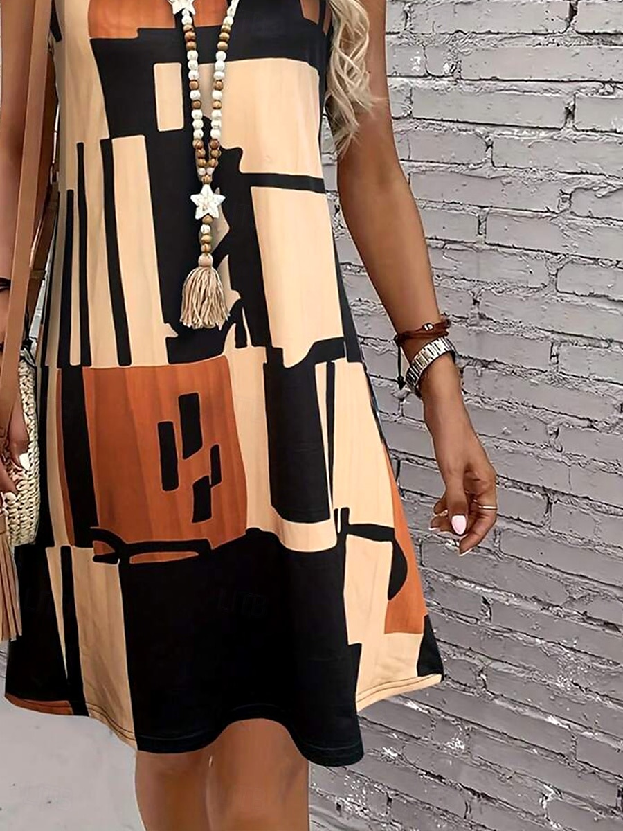 Women's Mini Dress Sundress A Line Dress Summer Dress Vacation Casual Regular Fit Graphic Geometric Color Block Sleeveless U Neck Light Brown Blue Summer Spring 2025 - $21.99 –P5