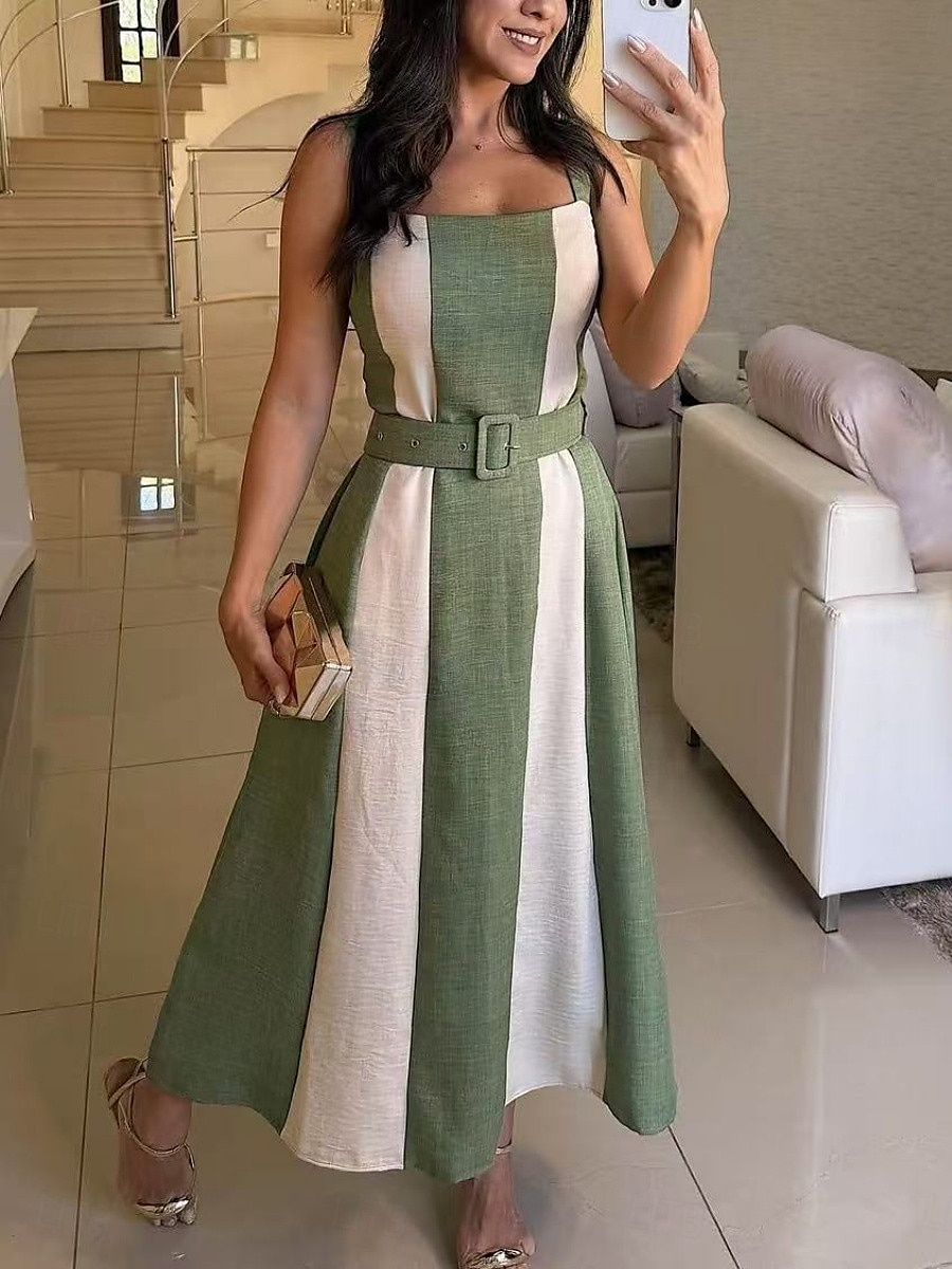 Pentru femei Rochie Maxi Rochie A line Rochie cu umeri Casual În aer liber Ieșire Fit standard Dunga Fără manșon Fără Bretele Roz Îmbujorat Roșu Vin Cămilă Verde Militar Vară 2025 - $41.99 –P5