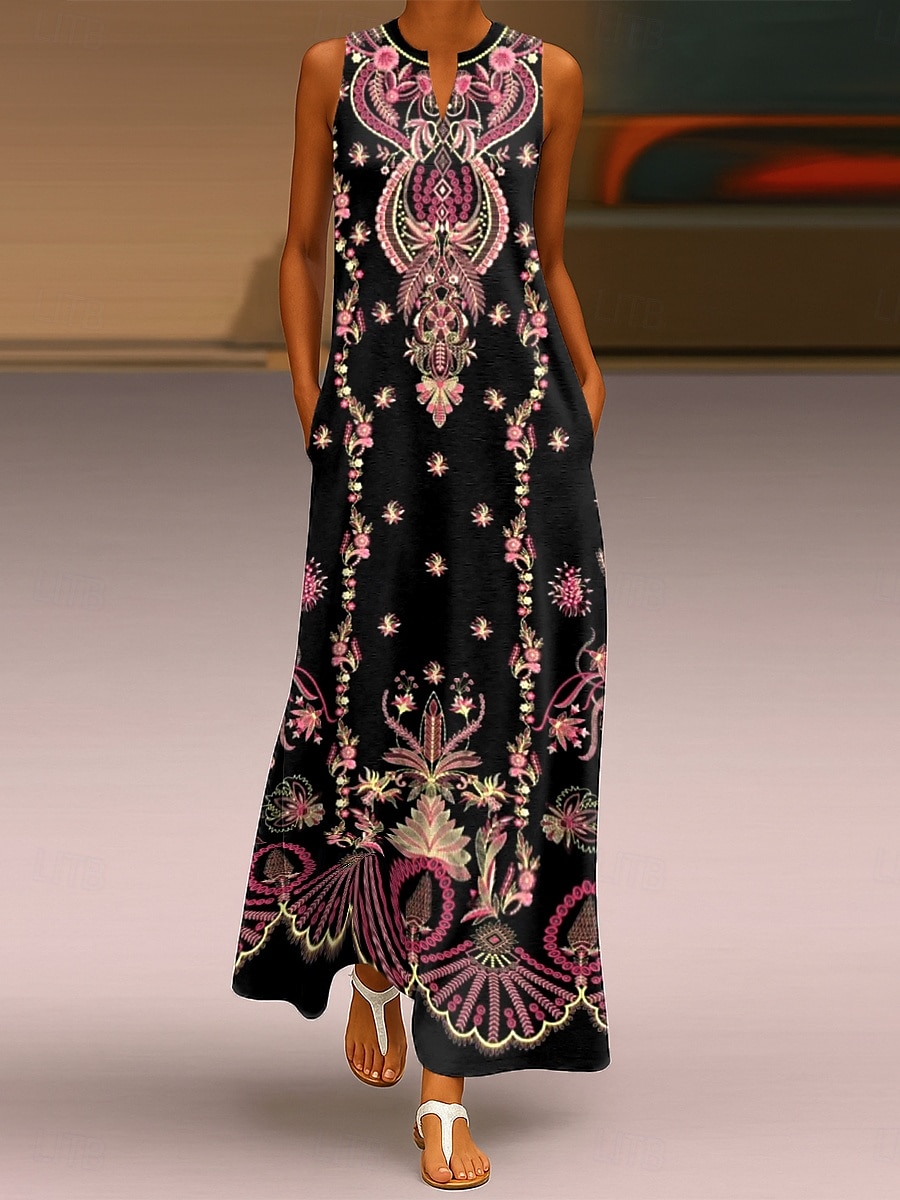 Damen Maxikleid Sommerkleid A Linie Kleid Urlaub Lässig Boho Täglich Ferien Lässiger Schnitt Blumen Grafik Stammes Ärmellos V Ausschnitt Fuchsie Sommer 2025 - $36.99 –P1