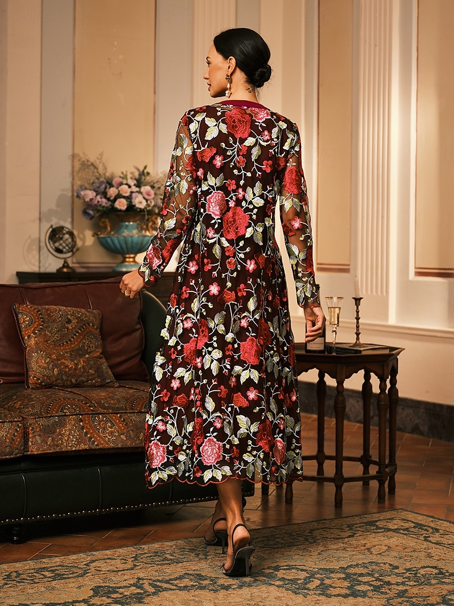Dam Kappa Andningsfunktion Spets Broderad Elegant Blommig Formell Bröllop Fest Lång Rund halsringning Lös passning Långärmad Ytterkläder Grå rosa Svart Vinröd Sommar Vår 2025 - $50.99 –P10