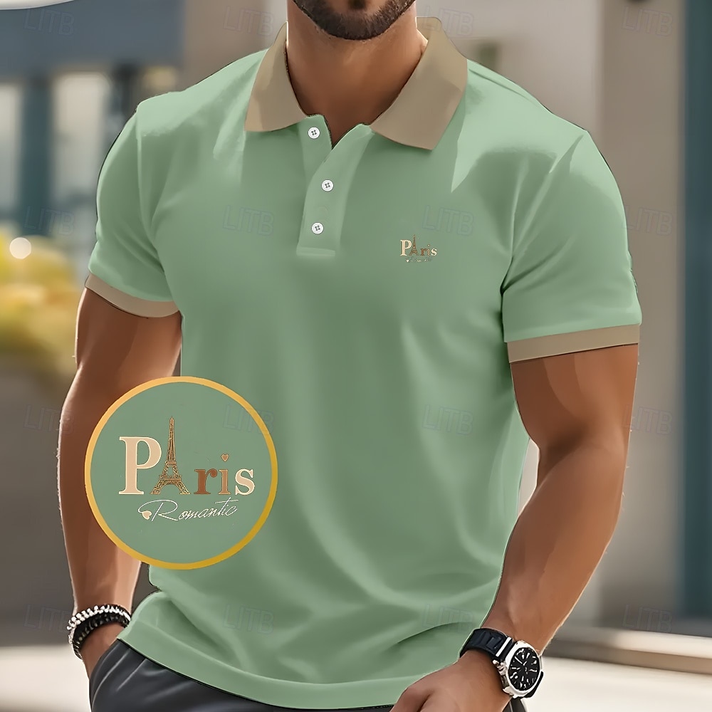 Men's Text Eiffel Tower Polo Short Sleeve Polo Shirts Collared Shirts Business Casual School Athleisure Daily Wear 3D Print Summer Black Pink Navy Blue 2025 - $23.99 –P8