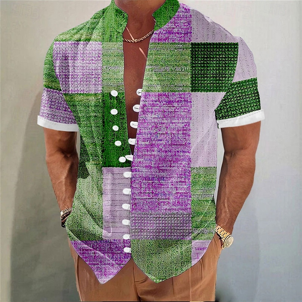 Voor heren Geometrisch Kleurenblok Lapwerk Overhemd Overhemd met knopen Overhemd met staande kraag Korte mouw Mode-casual Vakantie Dagelijks Zomer Lente Mandarijn Kraag 3D-afdrukken Linnenachtig shirt 2025 - $23.99 –P3