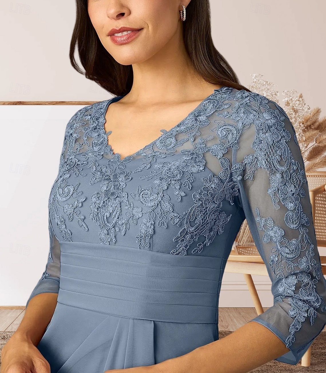 Säule  Kolonne Mutter der Braut Kleid Hochzeitsgast Elegantes Hoher Schlitz V-Ausschnitt Bodenlanges Chiffon 3/4 Länge Ärmel mit Rüschenapplikationen Raffung 2025 - $164.99 –P4