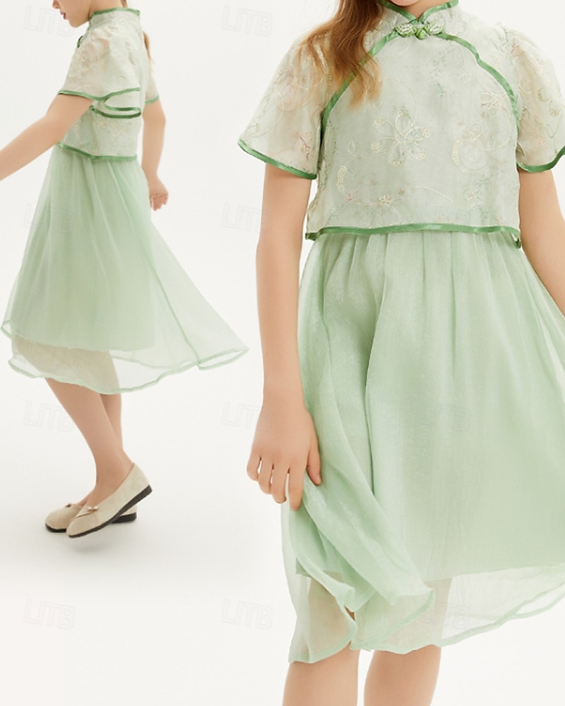 Kids Girls' Dress Solid Color Short Sleeve Outdoor Mesh Patchwork Adorable Polyester Knee-length Casual Dress Summer 4 years+ Green 2025 - $64.99 –P1