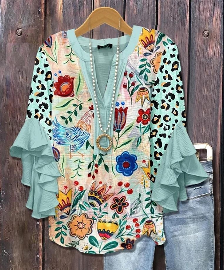 Amerykańska bluzka damska z grafiką lamparta boho vintage codzienna 3/4 długości rękaw falbaniasty dekolt w kształcie litery V regularne topy codzienny urlopowy strój nadruk żółty jasnozielony różowy 2025 - $29.99 –P3