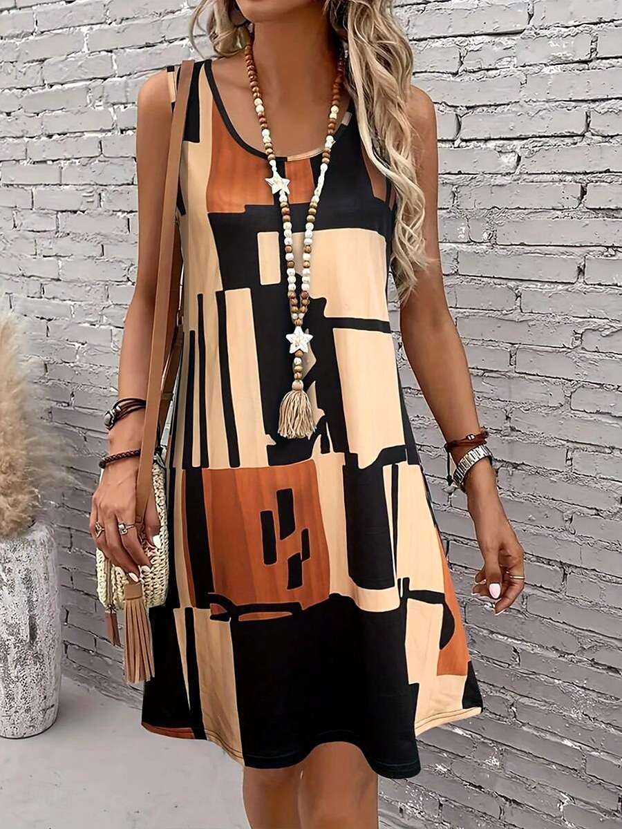 Women's Mini Dress Sundress A Line Dress Summer Dress Vacation Casual Regular Fit Graphic Geometric Color Block Sleeveless U Neck Light Brown Blue Summer Spring 2025 - $21.99 –P3