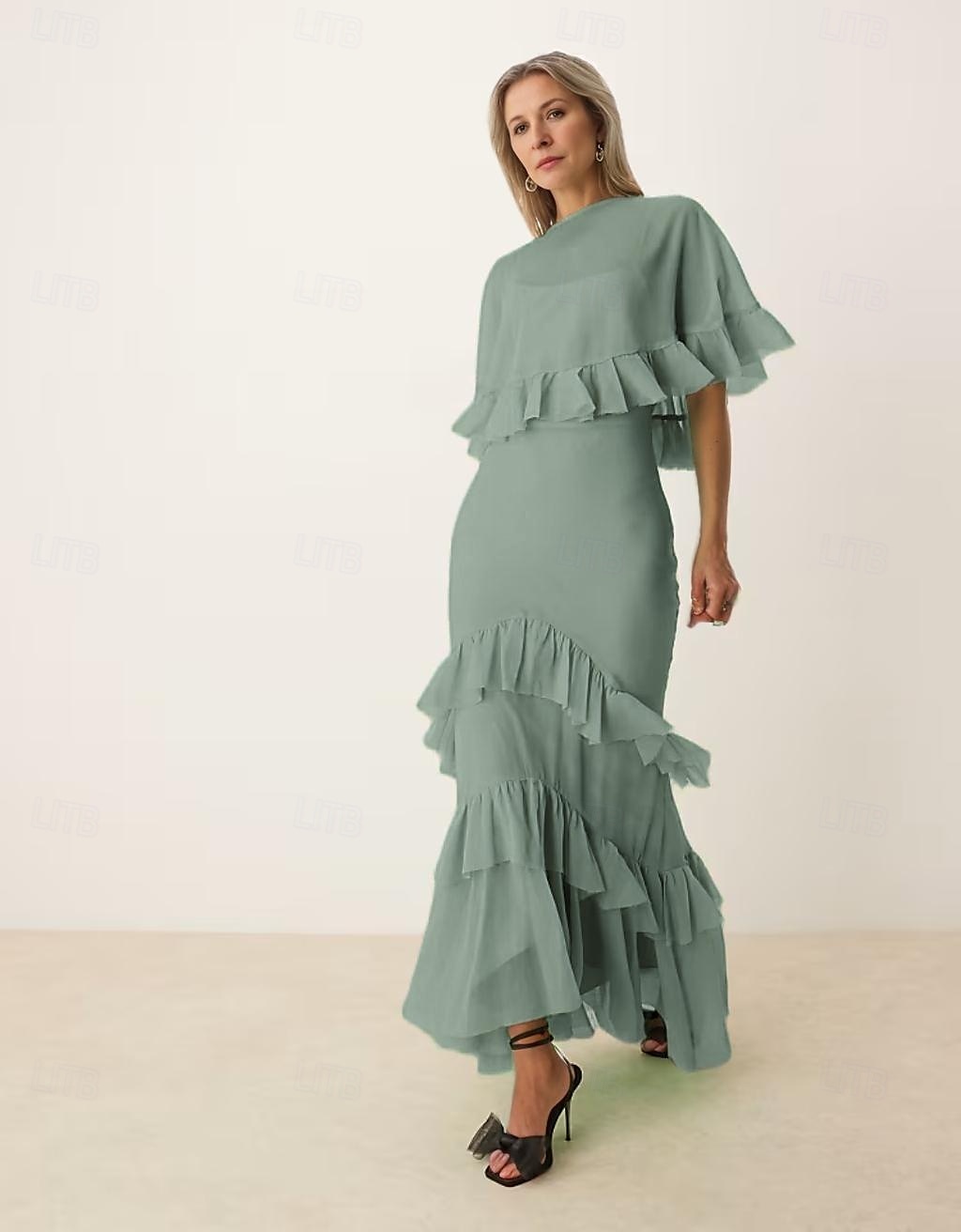 A-Linie Brautmutter Kleid Rohe Kanten Einfach Minimalistisch Boot-Ausschnitt Bodenlang Chiffon Kurzarm mit Kaskade Rüschen 2025 - $123.99 –P9