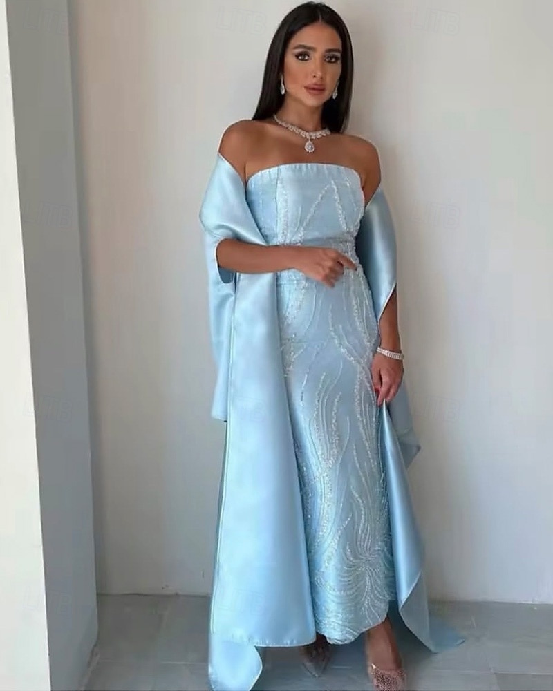 Sky Blue Beaded Gown Cape Dress Sheath / Column Evening Gown Elegant Dress Semi Formal Wedding Wedding Guest Dress Floor Length Sleeveless Strapless Satin 2025 - $155.99 –P1