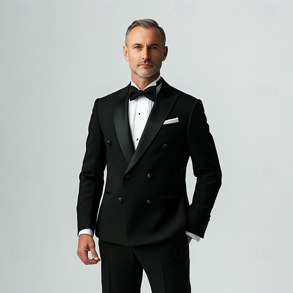 Herredresser med svart slips, smokinger, formell, ensfarget, standard passform, 2-delt, dobbeltspent, seks knapper 2025 - $119.99 –P1