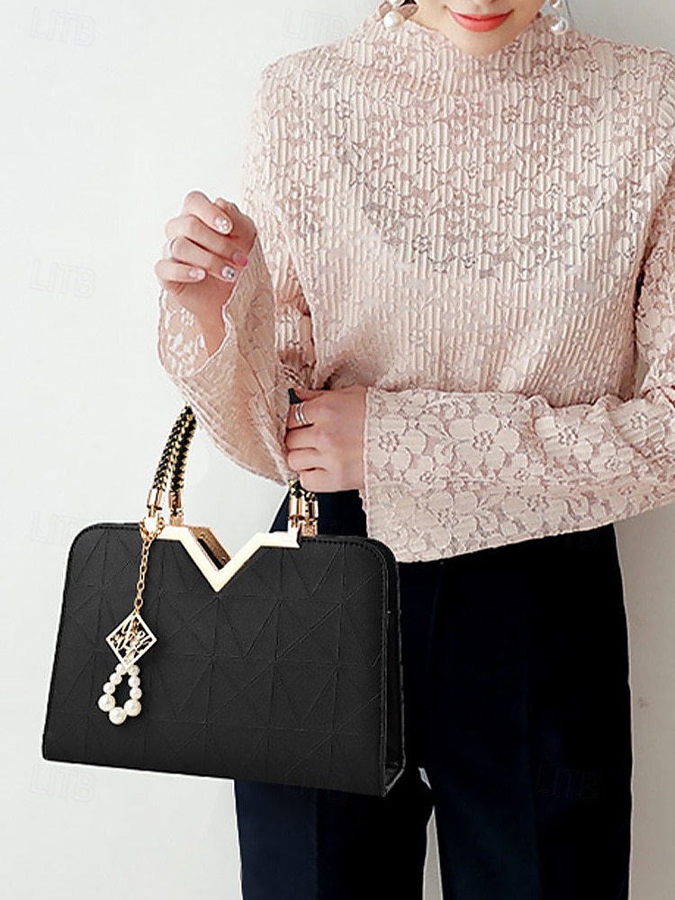 Dámská kabelka z umělé kůže s perlovým přívěskem – elegantní geometrické horní ucho a crossbody kabelka do kanceláře, na každodenní dojíždění a formální příležitosti 2025 - $26.99 –P4