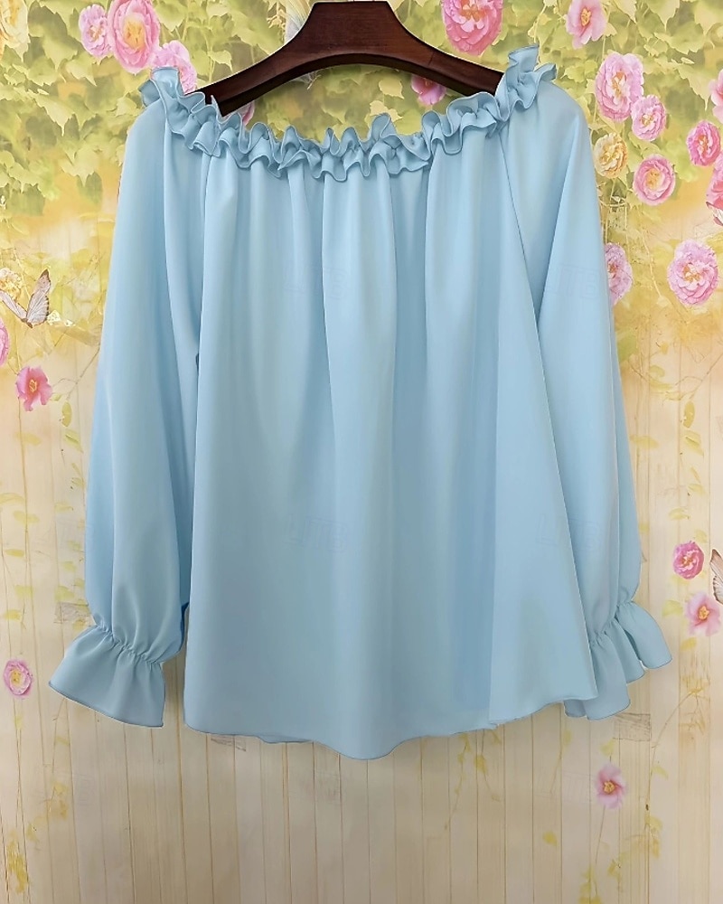 Dam Skjorta Blus Konstbomullslinne Volang Öppen rygg Slät Modern Ledigt Långärmad Över axeln Vanliga toppar Dagligen Helgdag Utekväll Blå Svart Vit Rodnande Rosa Sommar 2026 - $22.99 –P5