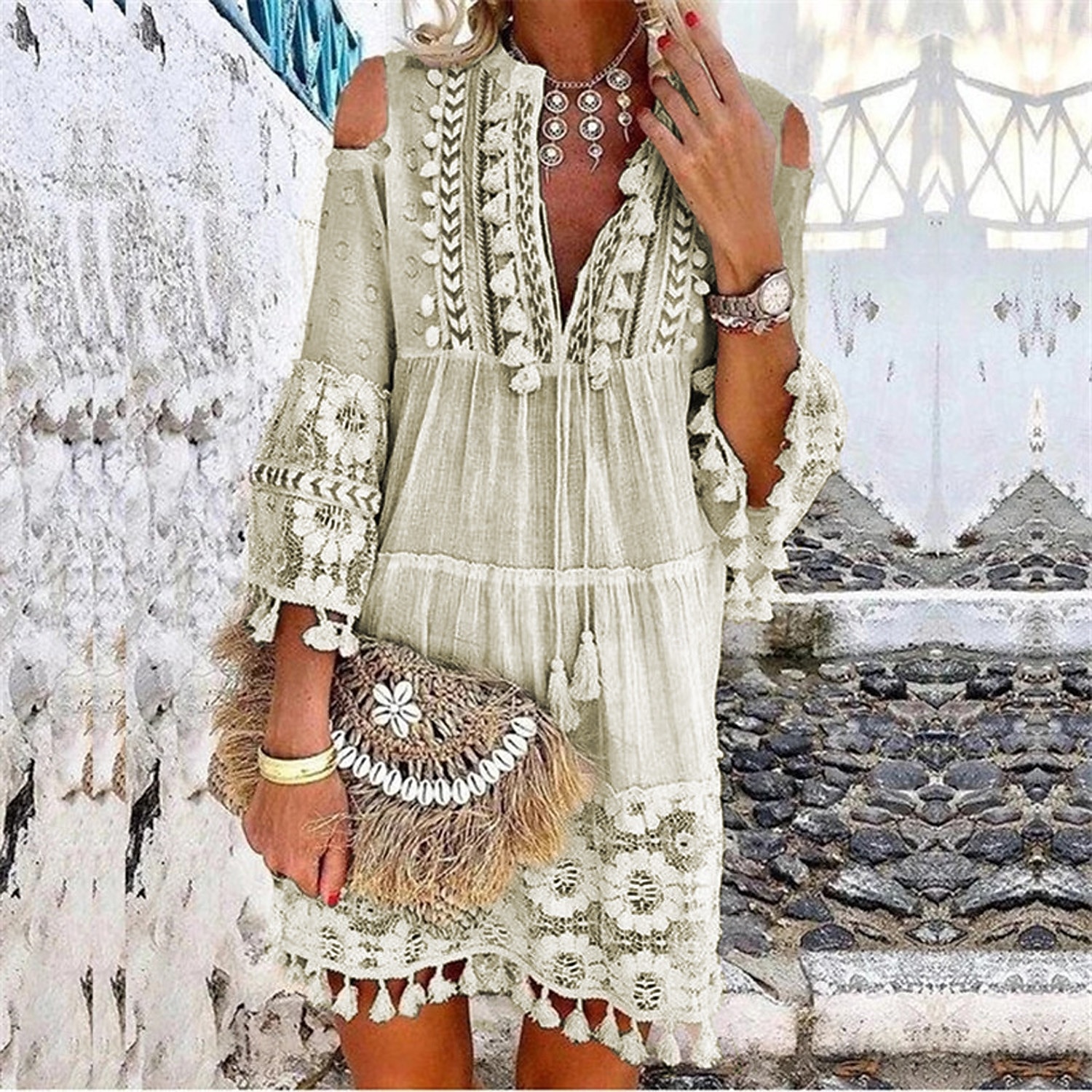 Pentru femei Rochie Mini Rochie de schimb Rochie Boho Vacanță Casual În aer liber Vacanță Zilnic Potrivire Largă Culoare pură Lungime Manșon 3/4 În V Alb Roz Îmbujorat Albastru piscină Mov Var 2025 - $42.99 –P10