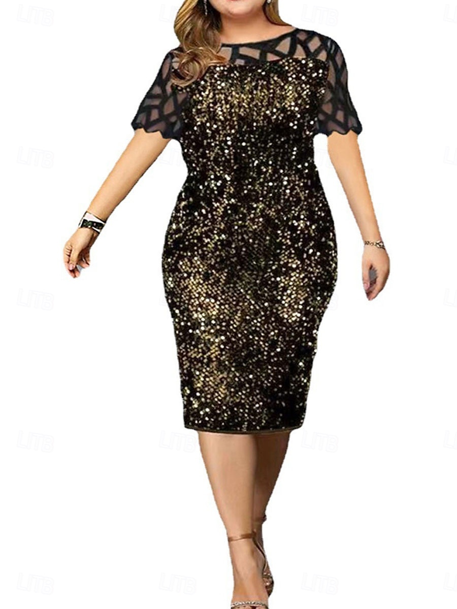Kleid Brautmutter Kleid Elegant Rundhalsausschnitt Tee Länge Spitze Kurzarm mit Pailletten 2025 - $40.99 –P7