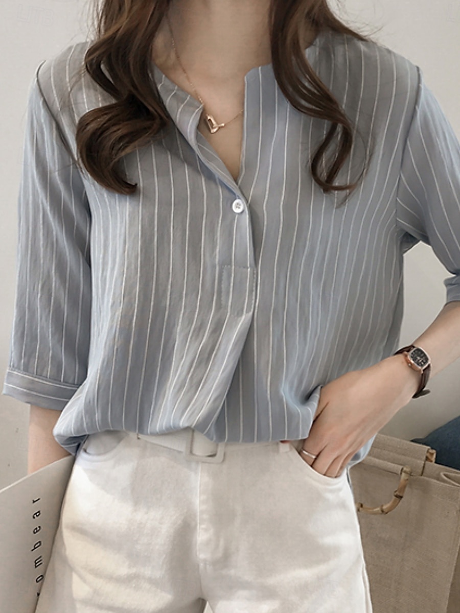 Femmes Chemise Rayé Élégant Occasionnel Manche 3/4 Col ras du cou Hauts Réguliers Quotidien Boutons Imprimé Blanche Rose Claire bleu marine Bleu clair Été de 2025 ? $17.99 –P1