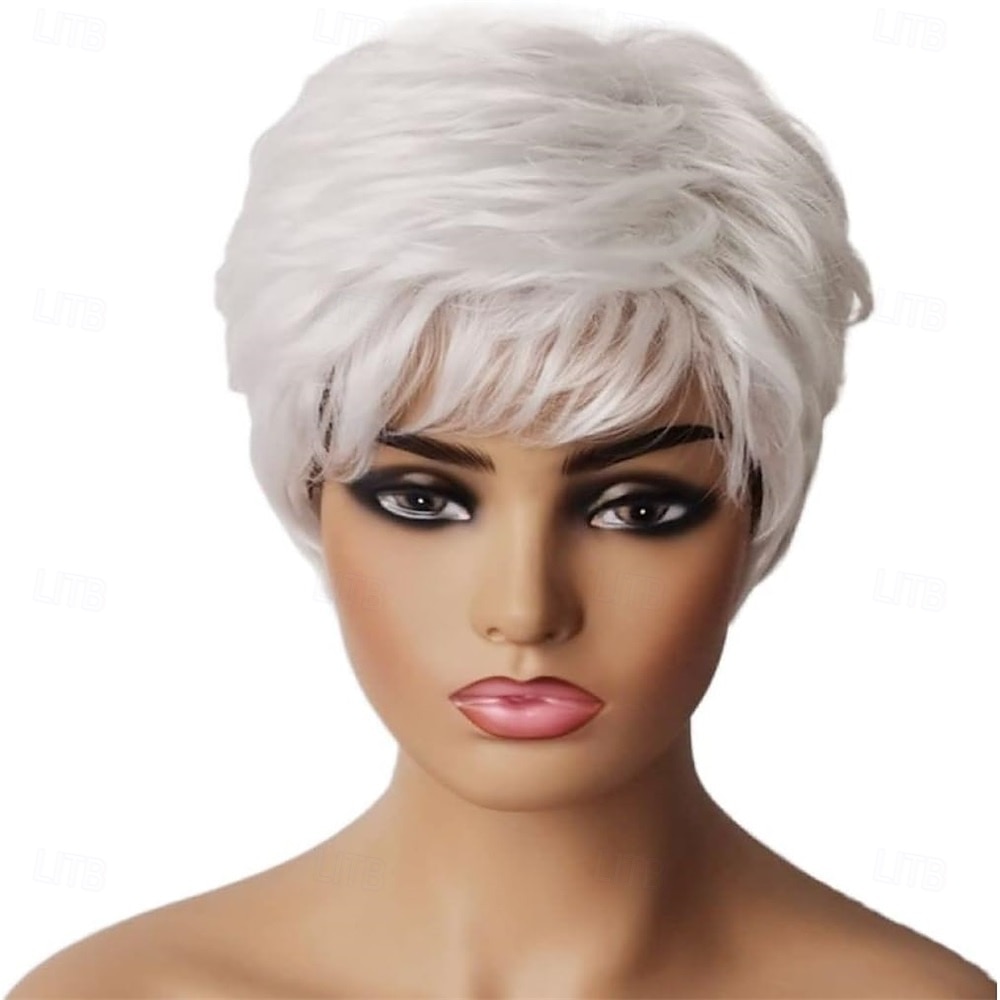 Short Silver White Synthetic Wigs with Bangs for Old Women White Stylish Fluffy Layered Wigs Natural Fluffy Heat Resistant Wigs for Mother Grandmother Grandma 2025 - $25.99 –P6