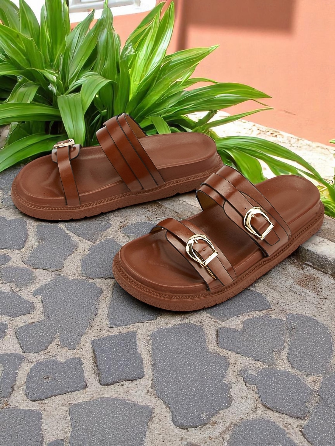 sandali con fibbia neri da donna - design alla moda con doppio cinturino, plantare comodo per l'uso quotidiano e stile casual rilassato del 2026 a $29.99 –P3