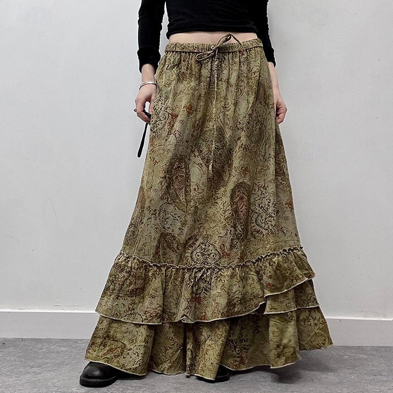 Damen Rock Rüschenrock Mode Boho Maxi Mittlere Hüfthöhe Röcke Blumen Rüsche Druck Mikroelastisch Urlaub Straße Braun Sommer Polyester 2025 - $25.99 –P3