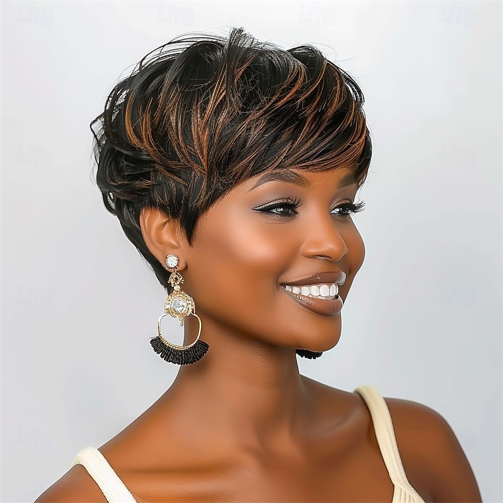 Parrucche corte e ricce per donne nere, parrucca pixie cut per donne, parrucca nera con frangia e capelli corti, parrucche sintetiche ondulate naturali per donne nere. del 2025 a $24.99 –P1